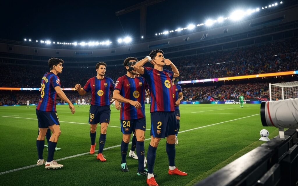 Raphinha celebrates his hat-trick during Barcelona’s 7-2 LaLiga victory over Racing Santander at Spotify Camp Nou.