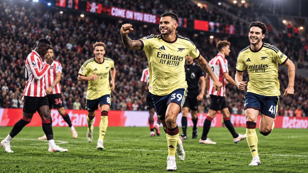Bruno Guimarães celebrates his first Arsenal goal against Sunderland