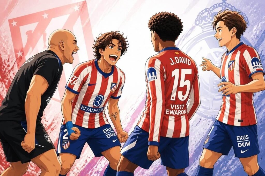 Atlético Madrid players celebrate Jonathan David’s goal during their 2-1 LaLiga derby victory over Real Madrid at the Metropolitano