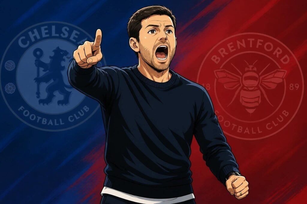 Xabi Alonso Cole Palmer Chelsea and Brentford footballers illustrated with subtle club crests behind them