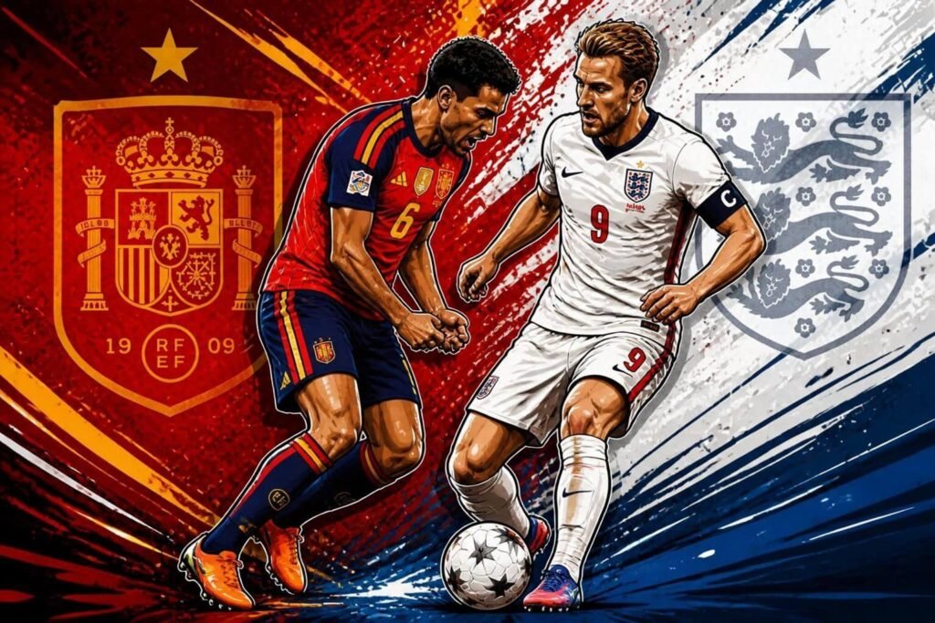 Rodri vs Kane in Spain’s opening goal against England at Wembley Stadium.