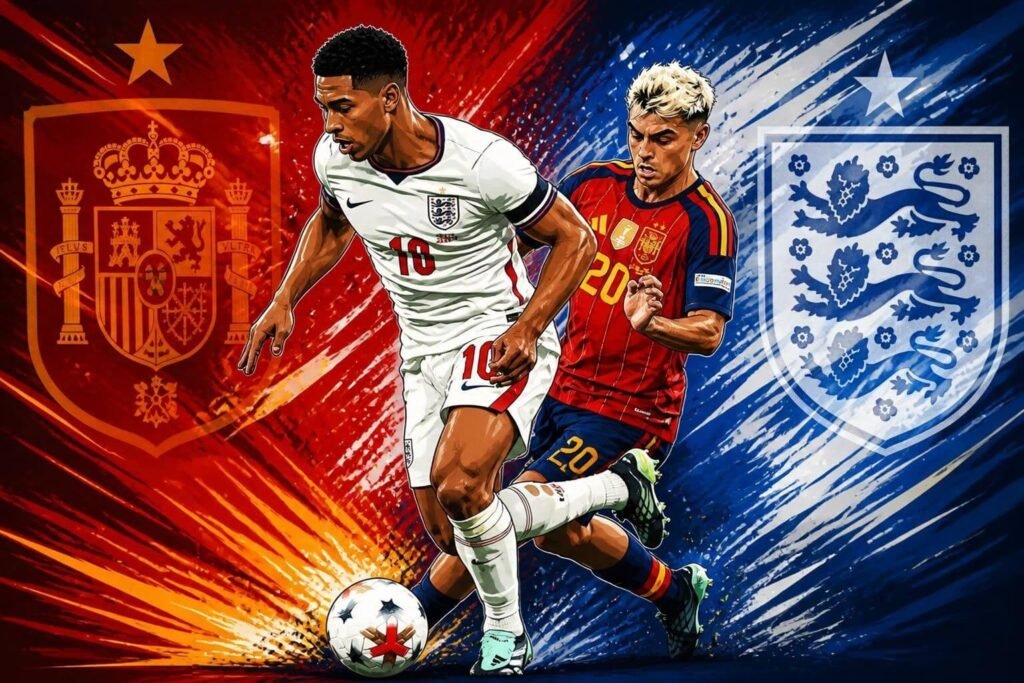 Jude vs Pedri in Spain’s opening goal against England at Wembley Stadium.