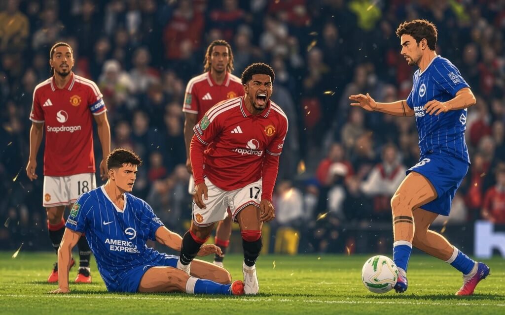 Manchester United players react after surrendering a two-goal lead in their 3-2 Carabao Cup defeat to Brighton at Old Trafford
