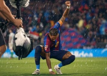 Raphinha celebrates his hat-trick during Barcelona’s 7-2 LaLiga victory over Racing Santander at Spotify Camp Nou.