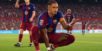 Raphinha celebrates his second consecutive hat-trick after scoring all three goals in Barcelona’s 3-1 LaLiga victory over Sevilla