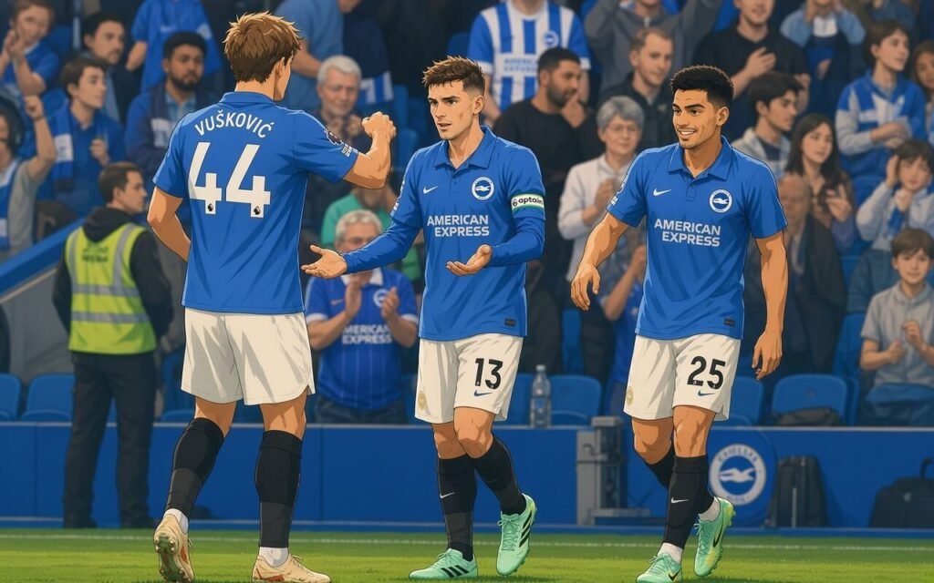 Brighton players celebrate during their stunning 3-0 Premier League victory over Arsenal at the Amex Stadium