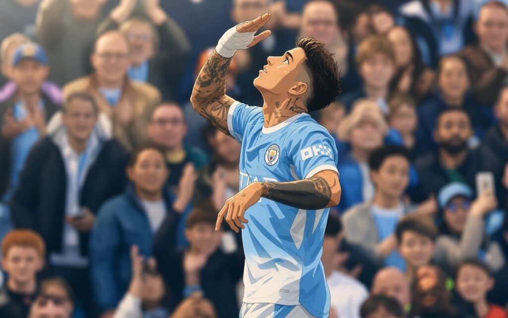 Antoine Semenyo celebrates during Manchester City’s dramatic 5-3 Premier League victory over Sunderland at the Etihad Stadium