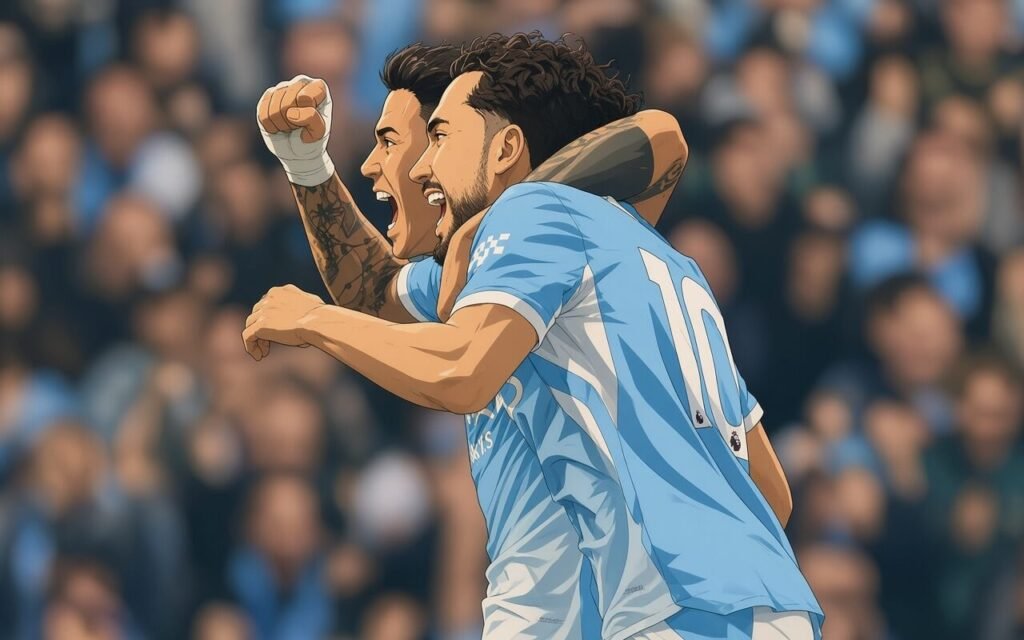 Antoine Semenyo celebrates during Manchester City’s dramatic 5-3 Premier League victory over Sunderland at the Etihad Stadium