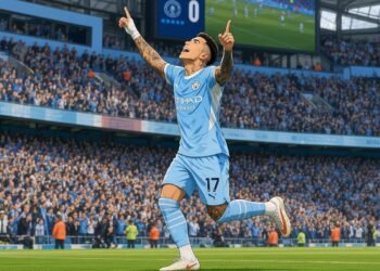 Antoine Semenyo celebrates during Manchester City’s dramatic 5-3 Premier League victory over Sunderland at the Etihad Stadium