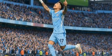 Antoine Semenyo celebrates during Manchester City’s dramatic 5-3 Premier League victory over Sunderland at the Etihad Stadium