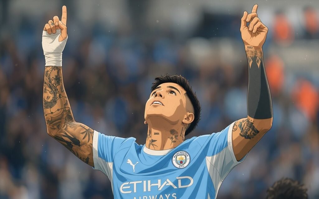 Antoine Semenyo celebrates during Manchester City’s dramatic 5-3 Premier League victory over Sunderland at the Etihad Stadium