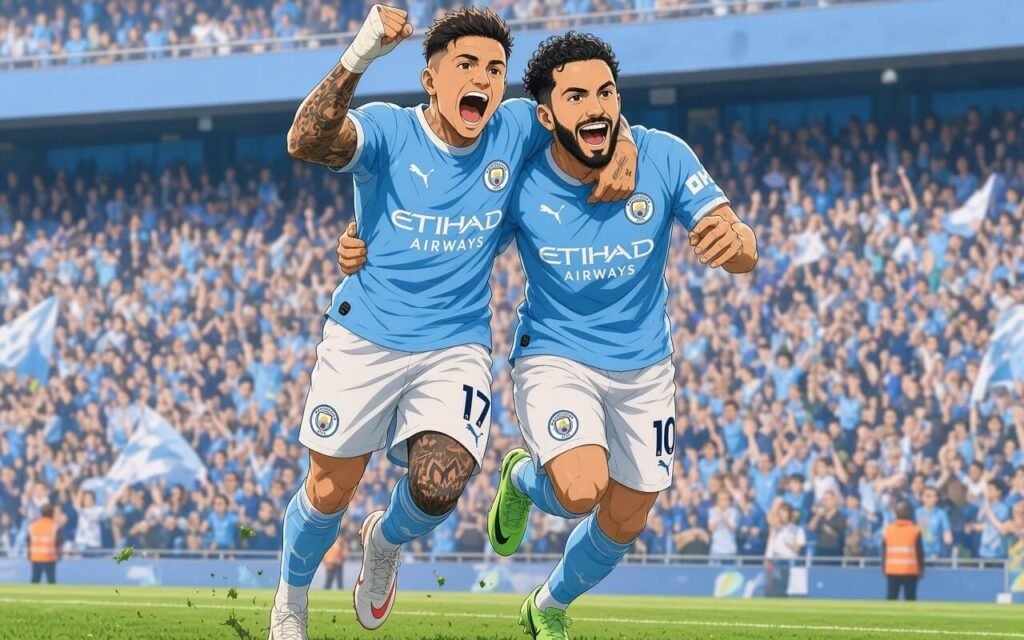 Antoine Semenyo celebrates during Manchester City’s dramatic 5-3 Premier League victory over Sunderland at the Etihad Stadium