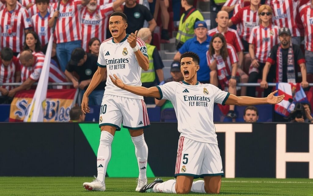 Atlético Madrid players celebrate Jonathan David’s goal during their 2-1 LaLiga derby victory over Real Madrid at the Metropolitano
