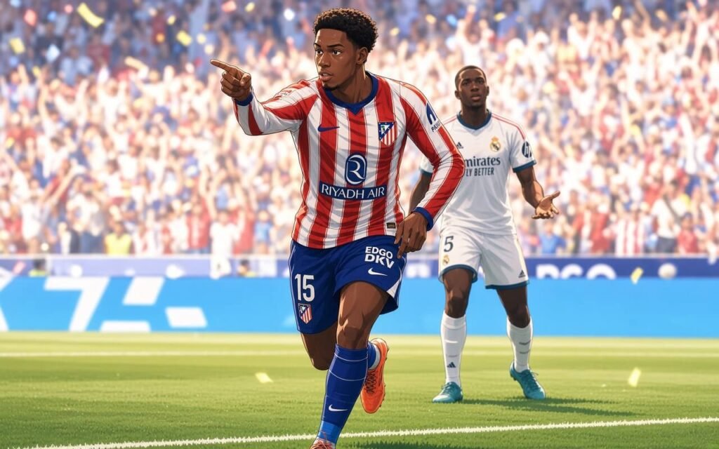 Atlético Madrid players celebrate Jonathan David’s goal during their 2-1 LaLiga derby victory over Real Madrid at the Metropolitano