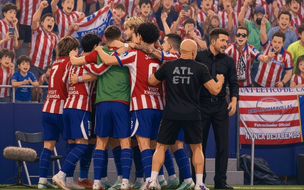 Atlético Madrid players celebrate Jonathan David’s goal during their 2-1 LaLiga derby victory over Real Madrid at the Metropolitano