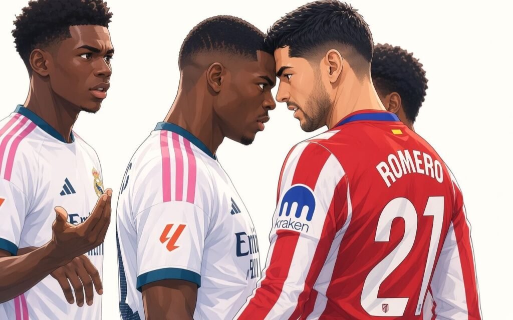 Atlético Madrid players celebrate Jonathan David’s goal during their 2-1 LaLiga derby victory over Real Madrid at the Metropolitano