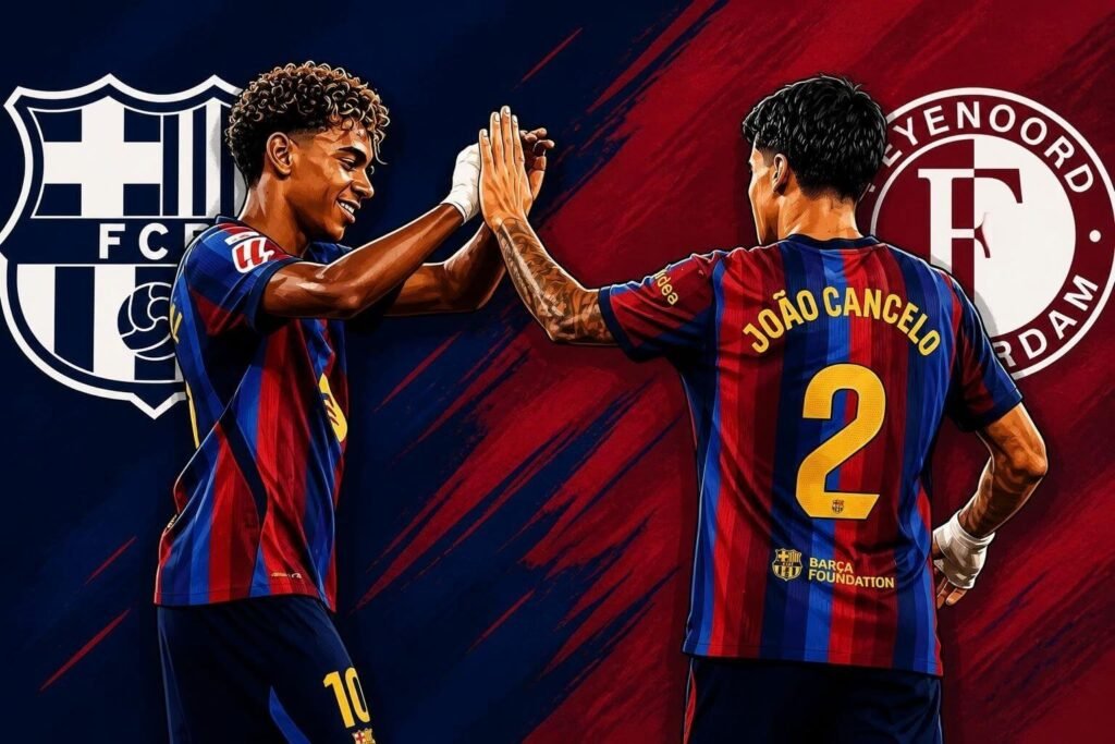 Raphinha and Pedri celebrate a goal during their 5-1 Champions League win against Feyenoord.
