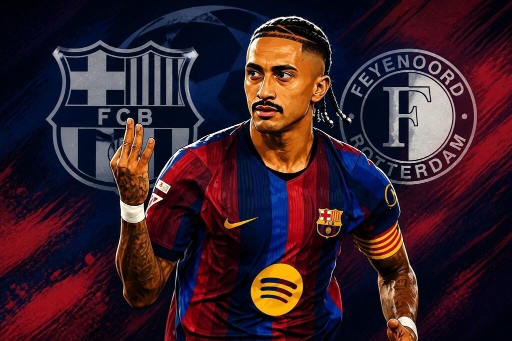 Raphinha celebrates during Barcelona’s dominant 5-1 Champions League victory over Feyenoord.