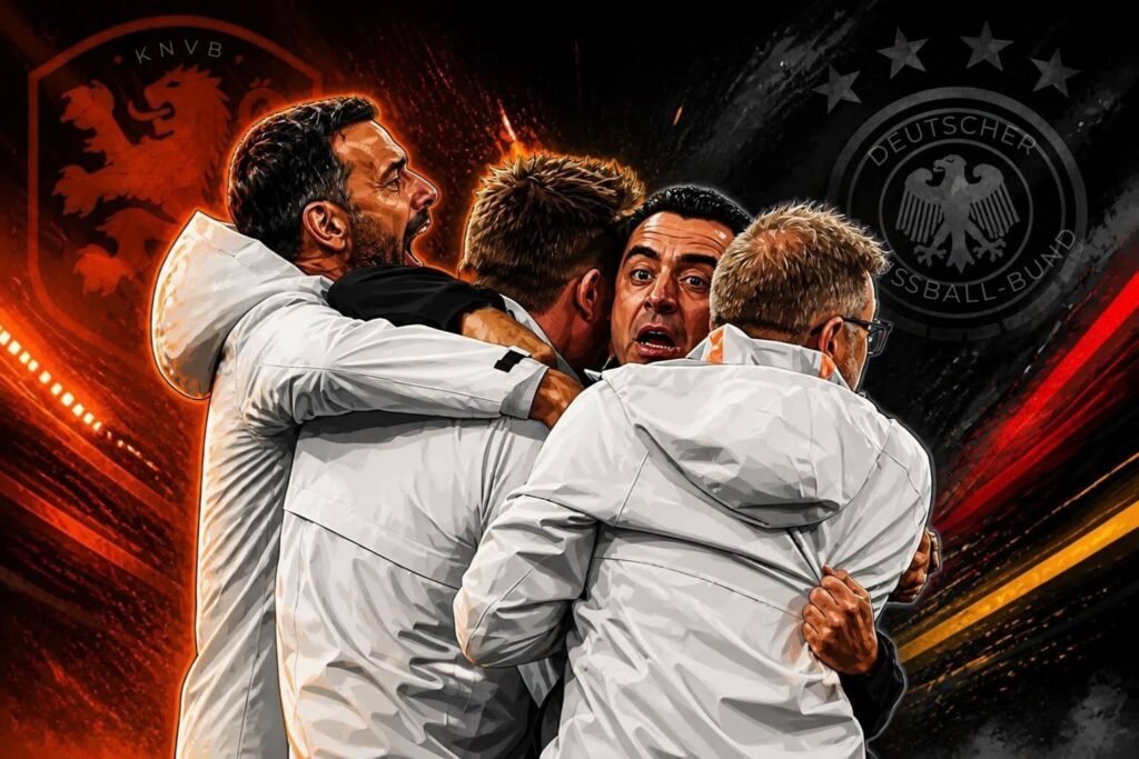 Netherlands players celebrate Cody Gakpo’s 92nd-minute goal against Germany in Amsterdam