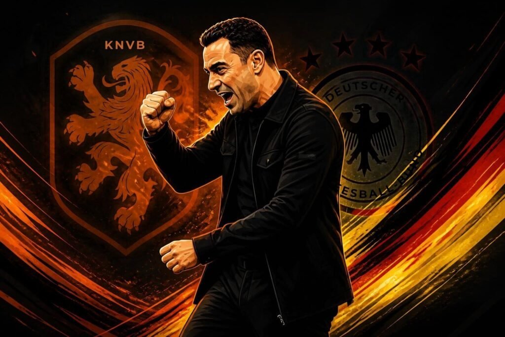 Xavi watches Germany during his first match as national-team coach against the Netherlands.
