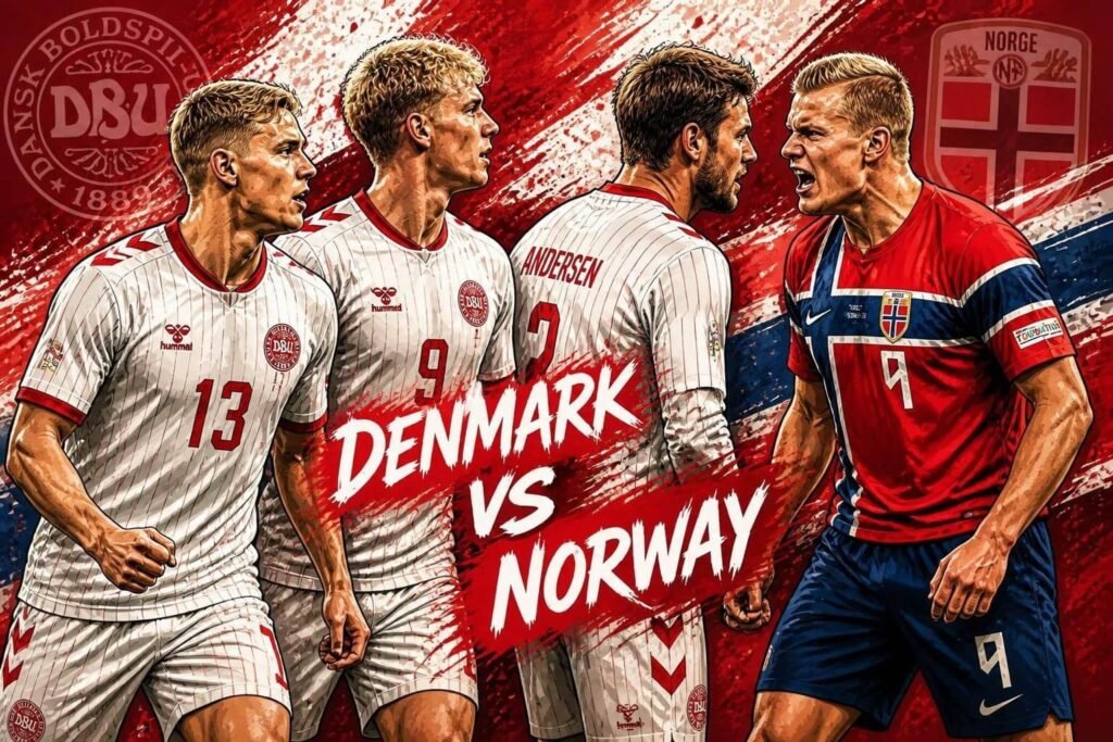 Erling Haaland scores Norway’s winning goal during the 3-2 Nations League victory over Denmark.