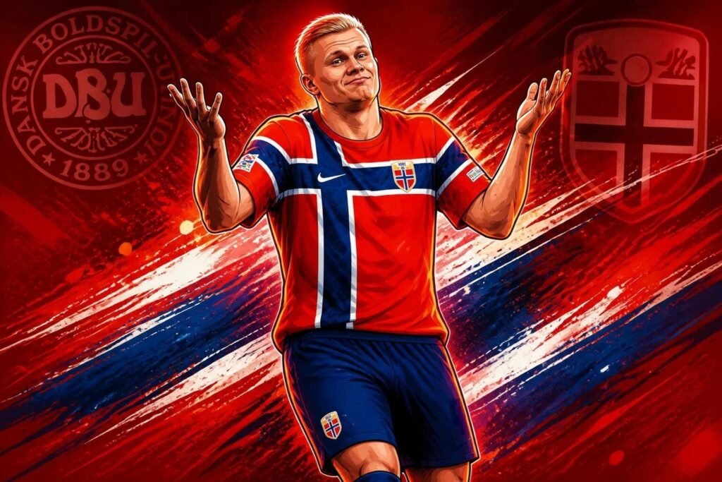Erling Haaland celebrates after scoring for Norway against Denmark in the UEFA Nations League.
