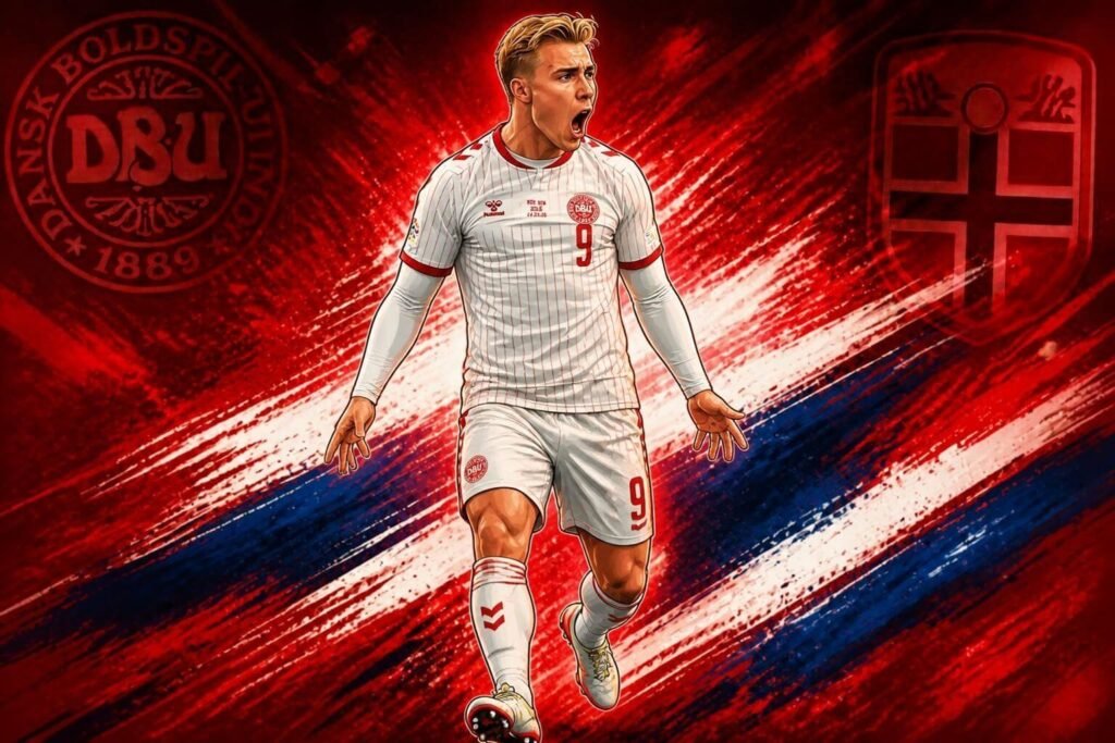 Rasmus Højlund celebrates after scoring for Denmark in the UEFA Nations League.