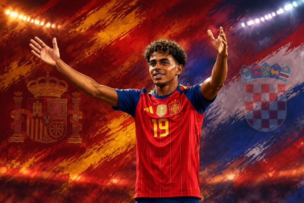 Lamine Yamal celebrates after scoring for Spain against Croatia in the UEFA Nations League.