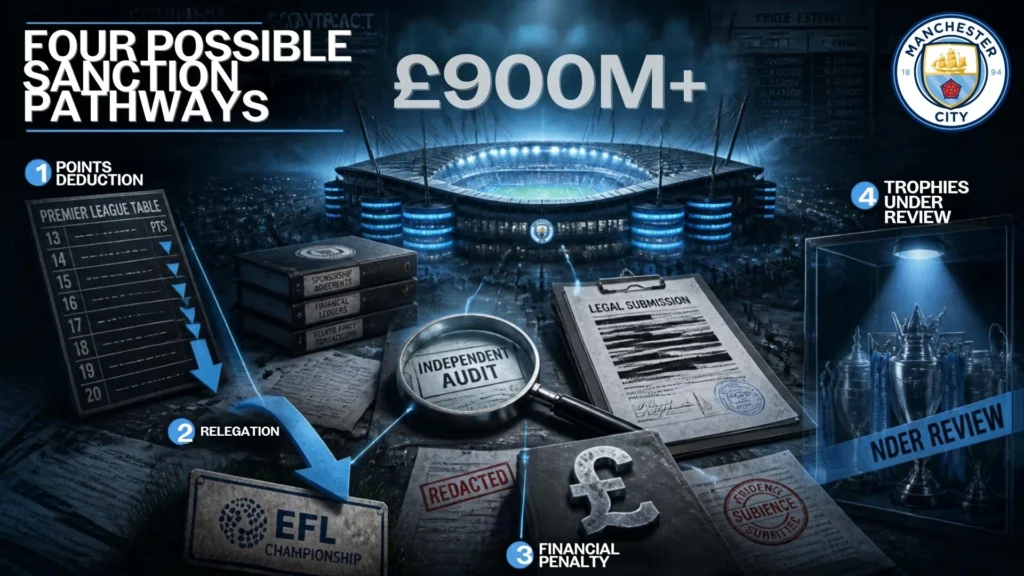 Premier League financial investigation graphic explaining possible Manchester City sanctions.