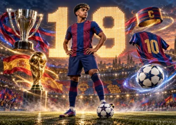 Lamine Yamal celebrates for Barcelona