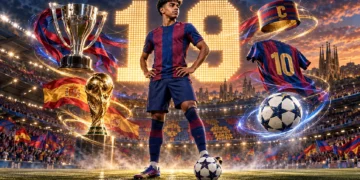 Lamine Yamal celebrates for Barcelona