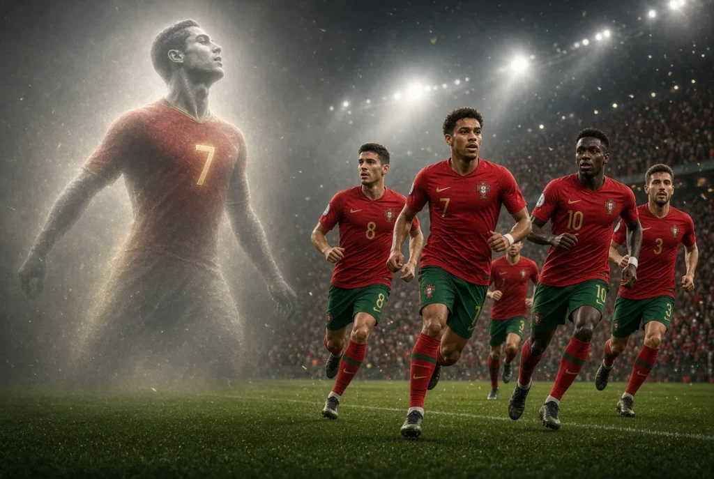 Portugal’s new attacking generation celebrates during the win over Denmark.