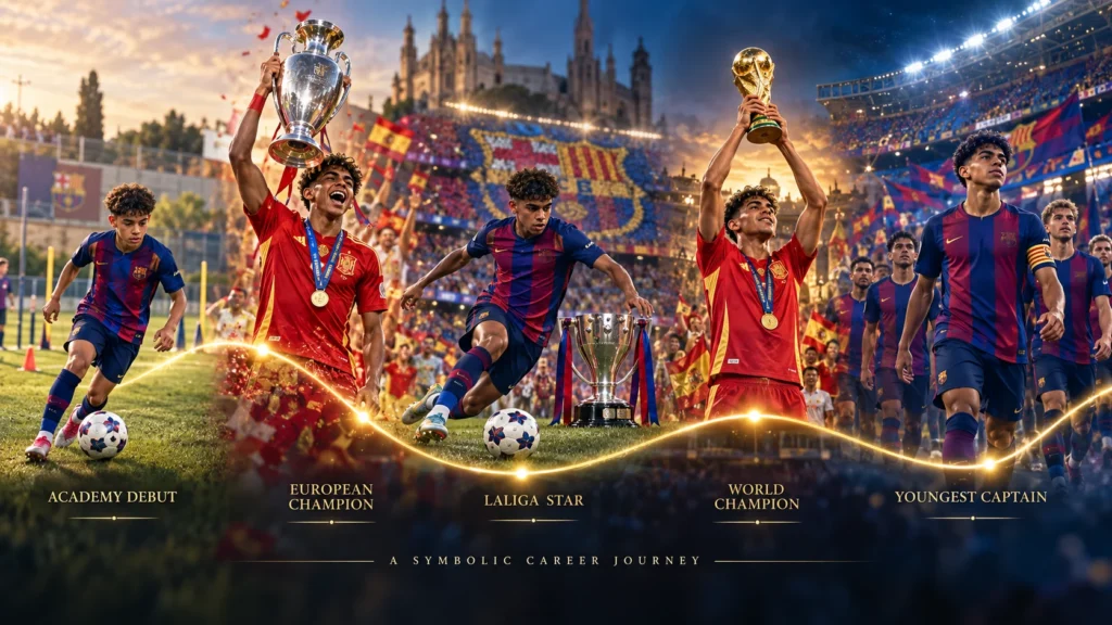 Barcelona captain Lamine Yamal dribbles past defenders in a football illustration.