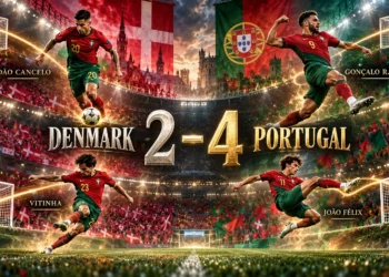 Portugal players celebrate their 4-2 Nations League victory over Denmark without Cristiano Ronaldo.
