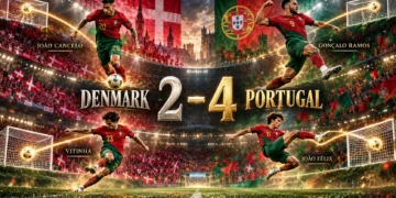 Portugal players celebrate their 4-2 Nations League victory over Denmark without Cristiano Ronaldo.
